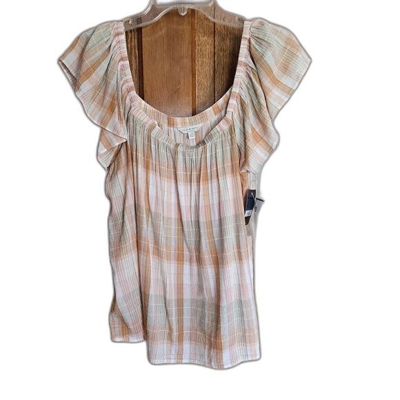 Lucky Brand Emily Plaid Shirt XL | Brown-Orange Cotton Short Sleeve Blouse - Picture 1 of 6